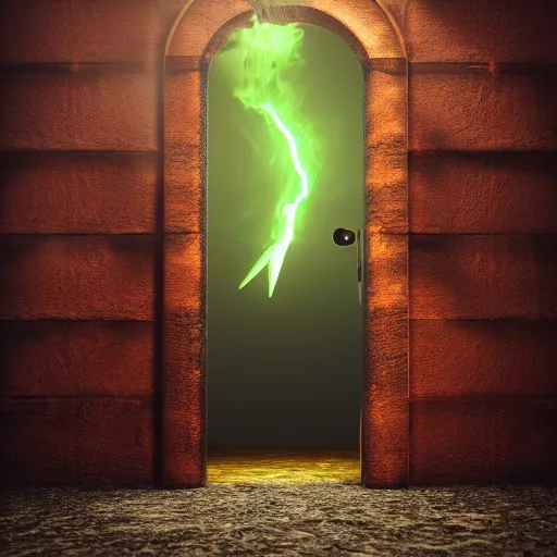 Prompt: photography, 3 d render, monster, open door, water, fire