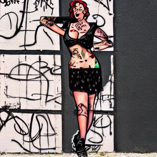 Image similar to rough rugged graffiti of a pinup girl on a black wall