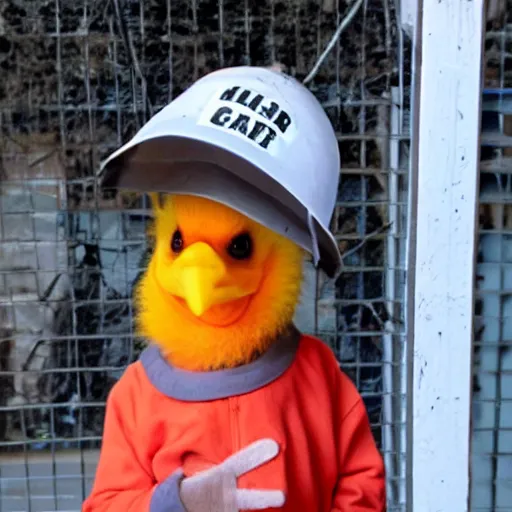 Prompt: photo of a cute baby chick dressed as an inmate