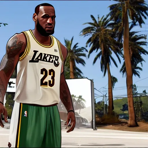 Image similar to lebron james as a character of gta V , videogame, loading screen