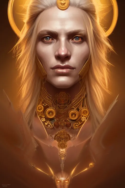 Image similar to symmetry!! portrait of a middle aged blonde haired woman in the style of god of war, golden machine parts embedded into face, intricate, elegant, highly detailed, digital painting, artstation, concept art, smooth, sharp focus, illustration, art by artgerm and greg rutkowski and alphonse mucha, 8 k