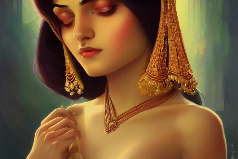 Image similar to sensual pale beautiful bengali girl, art deco portrait, elegant, intricate, digital painting, artstation, concept art, smooth, sharp focus, illustration, art by artgerm and greg rutkowski and alphonse mucha