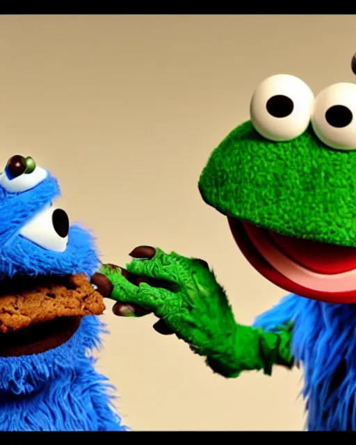 Prompt: cookie monster eating a cookie with kermit the frog on de _ nuke