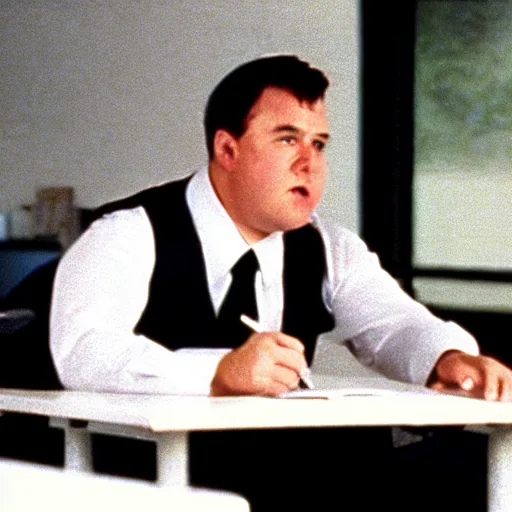 Image similar to clean - shaven chubby white wearing a shirt and necktie sitting at a desk, 1 9 8 9 movie still, cinematography, cinematic lighting