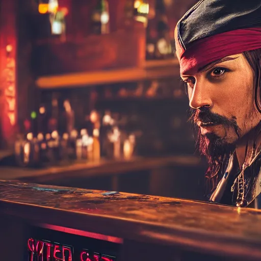 Image similar to a high quality portrait of a pirate bartender in a cyberpunk cyberpunk cyberpunk cafe, realism, 8k, award winning photo