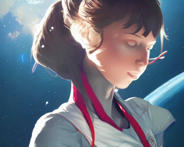 Prompt: young woman flying in space sharp focus, illustration, highly detailed, concept art, matte, trending on artstation, anime, art by james jean and artgerm and brian despain and alberto mielgo, greg rutkowski, wlop, ilya kuvshinov, strong strokes