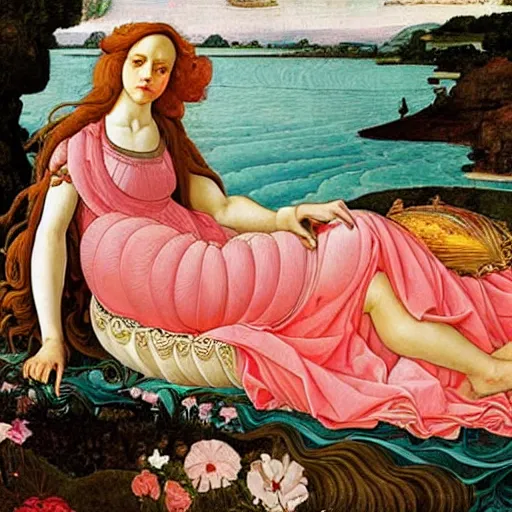 Prompt: an hyperrealistic mythological oil painting of venus with long curly brown hair, full body, wearing pink floral chiton, sleeping in a giant scallop shell, near the seashore, intricate lines, elegant, renaissance style, by sandro botticelli and william waterhouse -