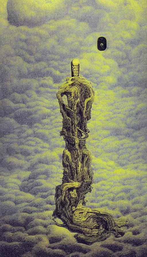 Image similar to forbidden knowledge, madness, the eldritch king in yellow by beksinski, tarot card, strange frames, ghibli by rene magritte and salvadore dali