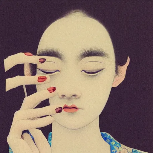 Image similar to “ dakota fanning portrait by ikenaga yasunari and ayana otake and ko rakusui, 6 0 s poster, drawing, realistic, sharp focus, japanese, dreamy, nostalgia, faded, golden hues, floral clothes, porcelain skin ”