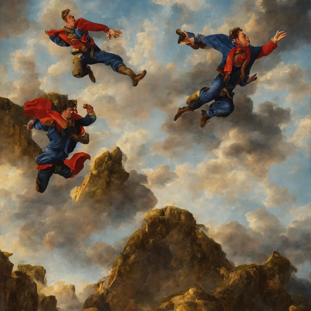 Image similar to full body oil painting of man jumping from a castle in the air