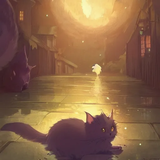 Prompt: h!dream a kid and a monster cat in the night made by studio ghibli beautiful scene highly detailed, digital painting, artstation, concept art, smooth, sharp focus, illustration, art by artgerm and greg rutkowski and alphonse mucha 8k