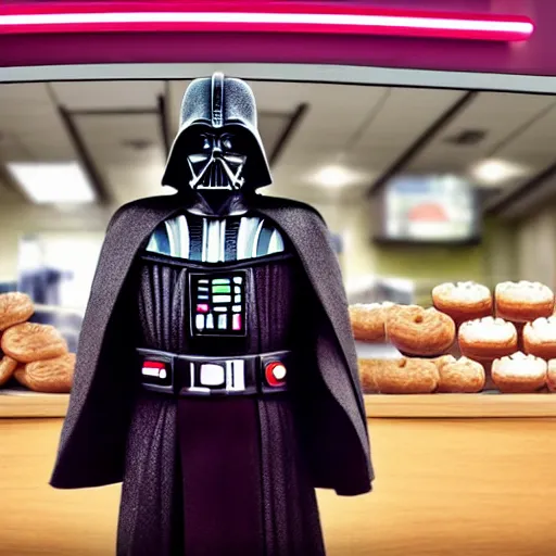 Image similar to darth vador working at dunkin donuts , 8k cinematic lighting, very sharp detail, anatomically correct