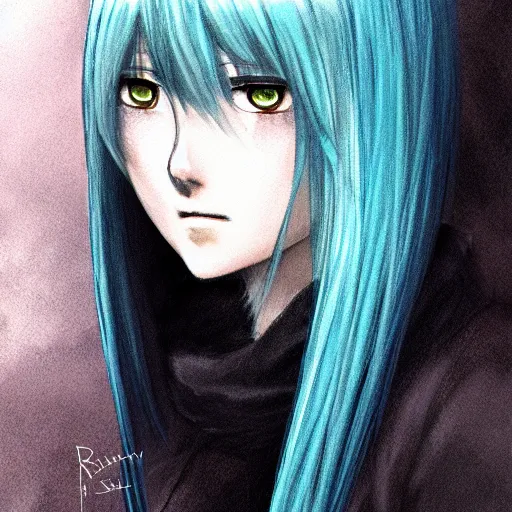 Image similar to full face shot of rimuru tempest, sky blue straight hair, long bangs, with amber eyes, wearing a fancy black jacket, high collar, ultra detailed, brush strokes, digital painting, cinematic, fxiv, wlop artstation, closeup, pixiv, eerie, scary, intimidating glare, evil, yoshitaka amano, junji ito,