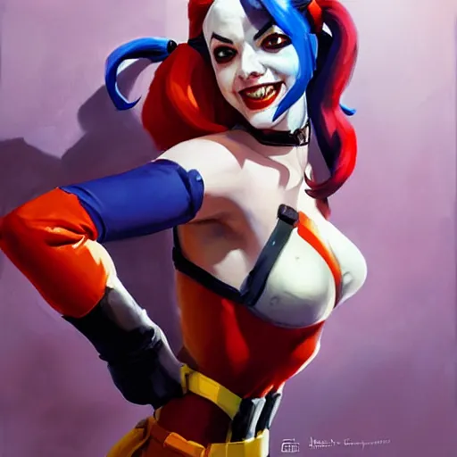 Image similar to Greg Manchess portrait painting of Harley Quinn as Overwatch character, medium shot, asymmetrical, profile picture, Organic Painting, sunny day, Matte Painting, bold shapes, hard edges, street art, trending on artstation, by Huang Guangjian and Gil Elvgren and Sachin Teng