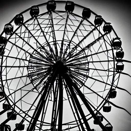 Image similar to an old abandoned rusty ferris wheel, in a town filled with pale yellow mist. Dystopian. Grainy. Award-winning photo. Sigma 40mm f/1.4 DG HSM