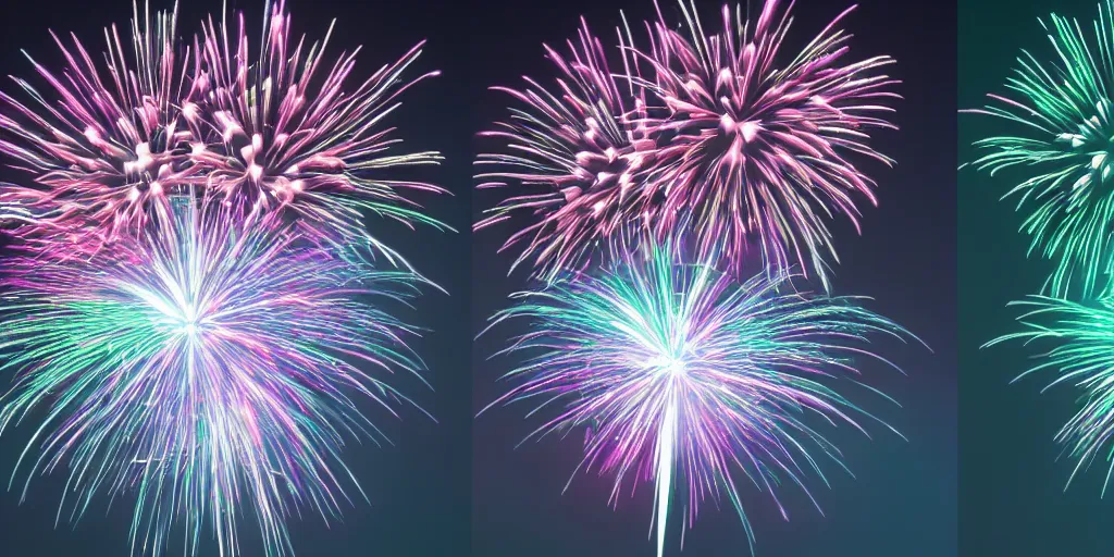 Prompt: muted rgb fireworks bursting in the sky form patterns to look like baby yoda but they're fireworks. 8 k, 4 k, hq, 3 d render, digital art, dramatic lighting, comedy, science fiction, hyper realistic, ultra detailed.