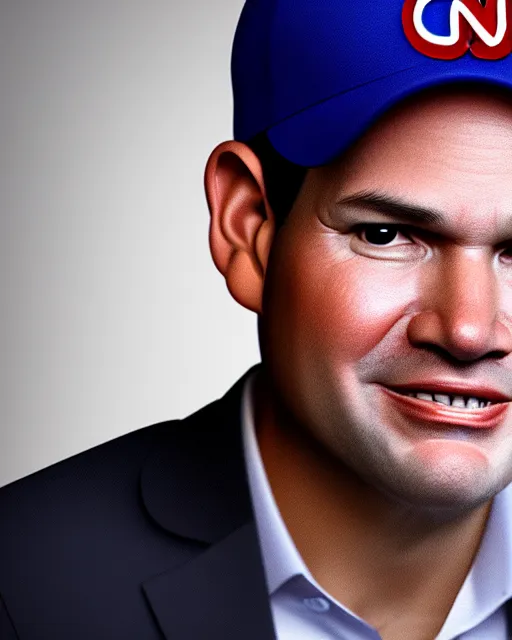 Prompt: a biomorphic portrait of marco rubio wearing a cnn hat, 4 k, octane high quality render