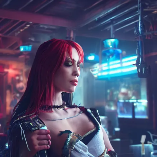 Image similar to a high quality portrait of a beautiful female pirate in a cyberpunk cafe realism 8k