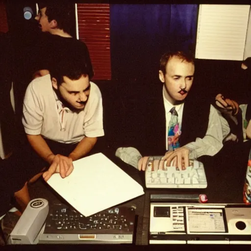 Prompt: the saddest computer party, drinks, 1990s photograph