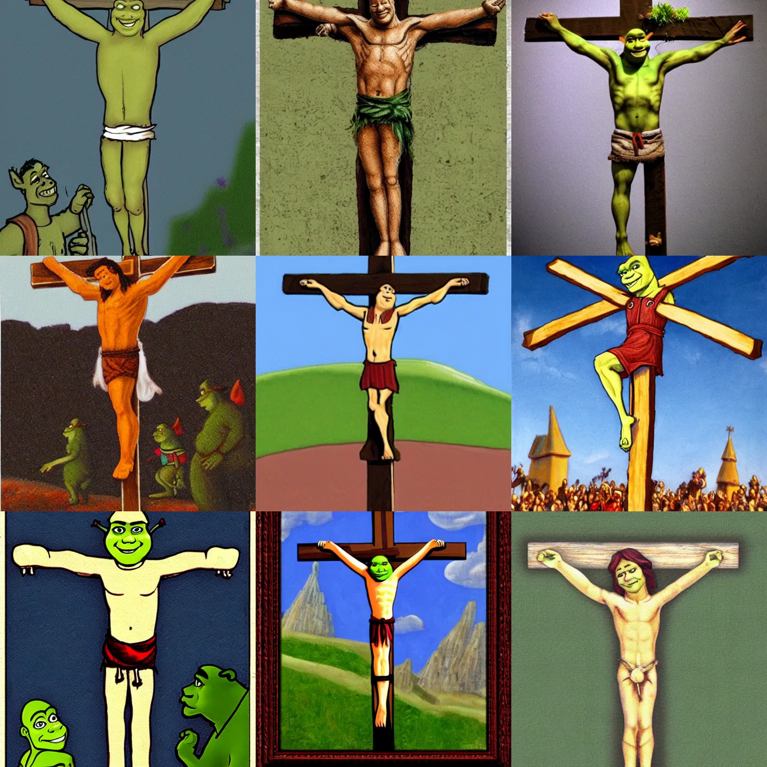 Prompt: shrek crucified on the cross