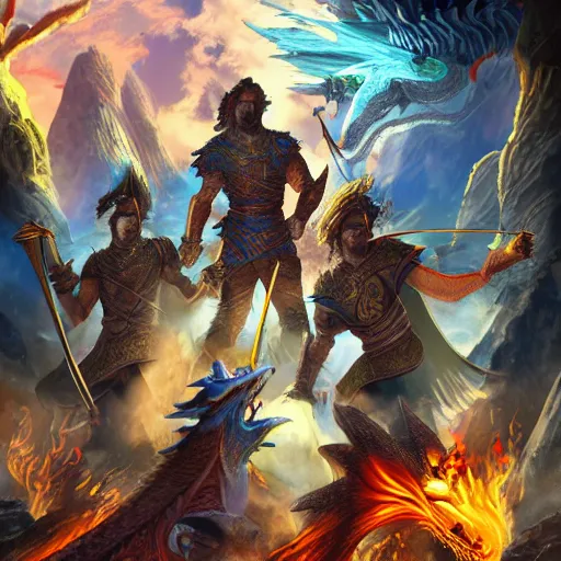 Prompt: the band of adventurers stand before the great dragon, digital art, epic power pose, flames and chaos