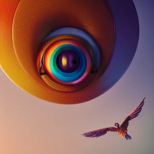 Prompt: still of rainbow orphanim, wheel, bird wings, giant eyeball, biblical accurate angel, mythological, 8 k, octane render, 3 5 mm, amazing details, beautiful composition