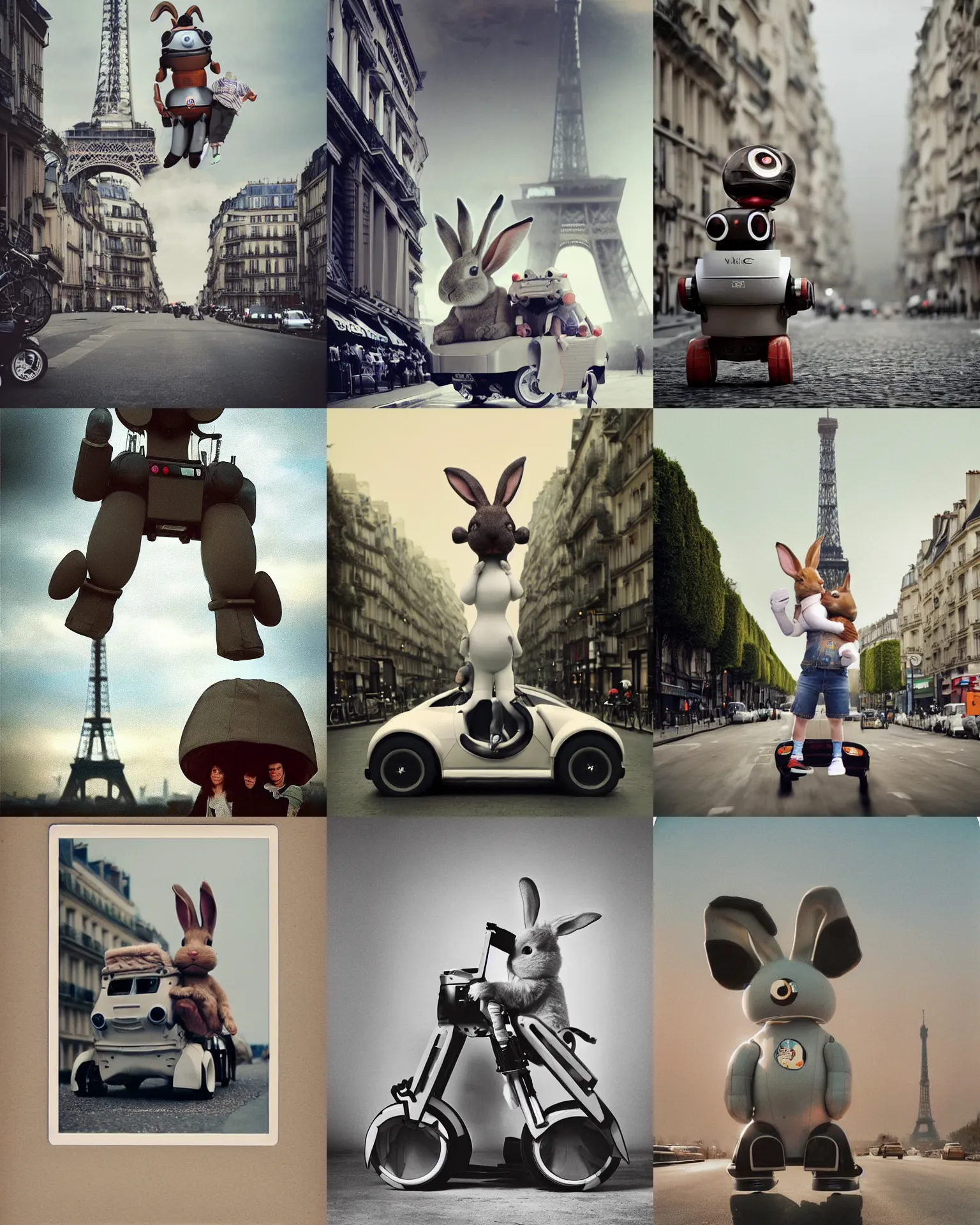 Prompt: epic pose!!! googly eyed giant oversized rocket battle rabbit robot chubby mech baby sport car double decker with giant oversized ears and rabbit babies , in paris , full body , Cinematic focus, Polaroid photo, vintage , neutral dull colors, soft lights, foggy sunset , by oleg oprisco , by national archives, by discovery channel, by victor enrich , by gregory crewdson