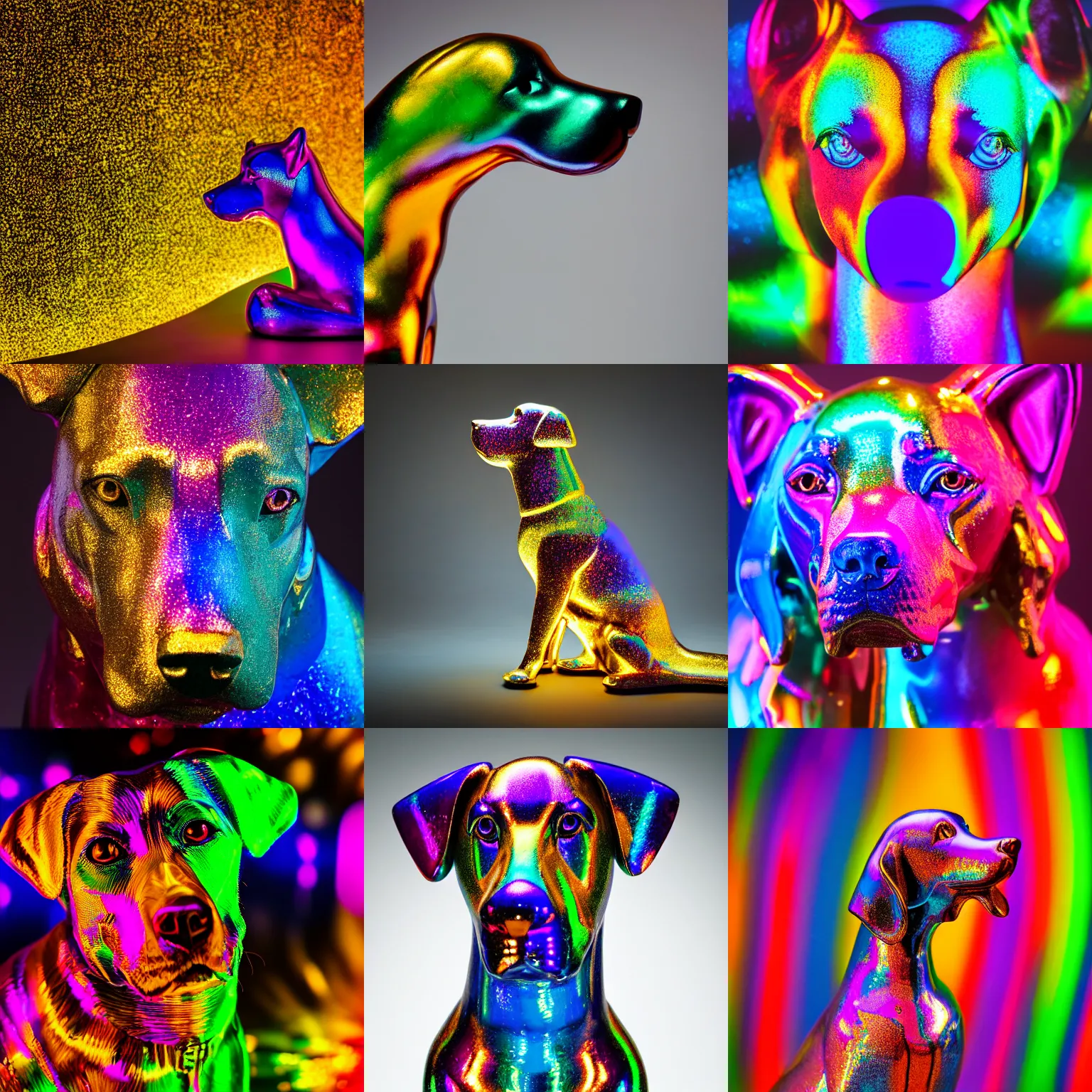 Prompt: Stunning Professional photograph of a psychedelic, colorful, reflective, iridescent dog statue, studio lighting, bokeh, 8K