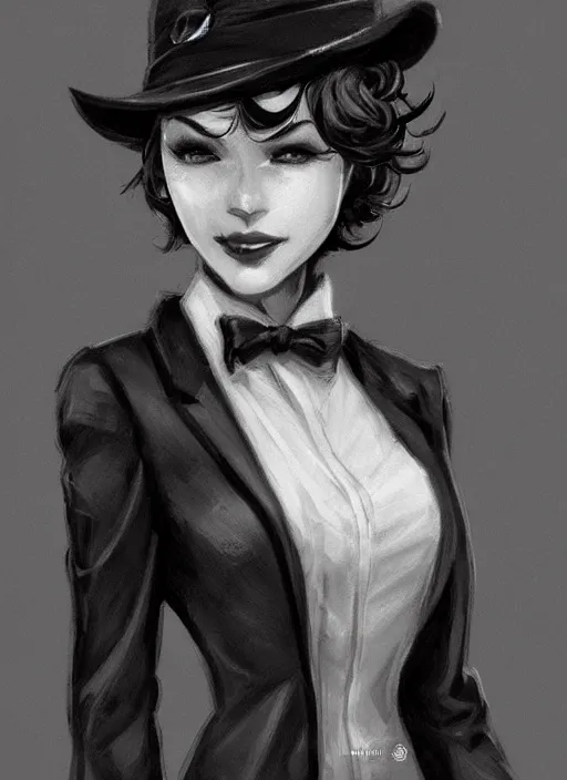 Image similar to a highly detailed illustration of curly short haired girl wearing noir hat and suit and tie, dramatic smiling pose, intricate, elegant, highly detailed, centered, digital painting, artstation, concept art, smooth, sharp focus, league of legends concept art, WLOP