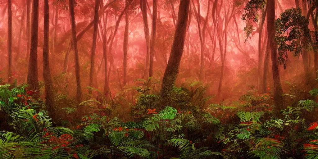 Prompt: a beautiful landscape of a foggy jungle, red and orange color scheme, hyperdetailed, vivid colors, photorealist, 4 k