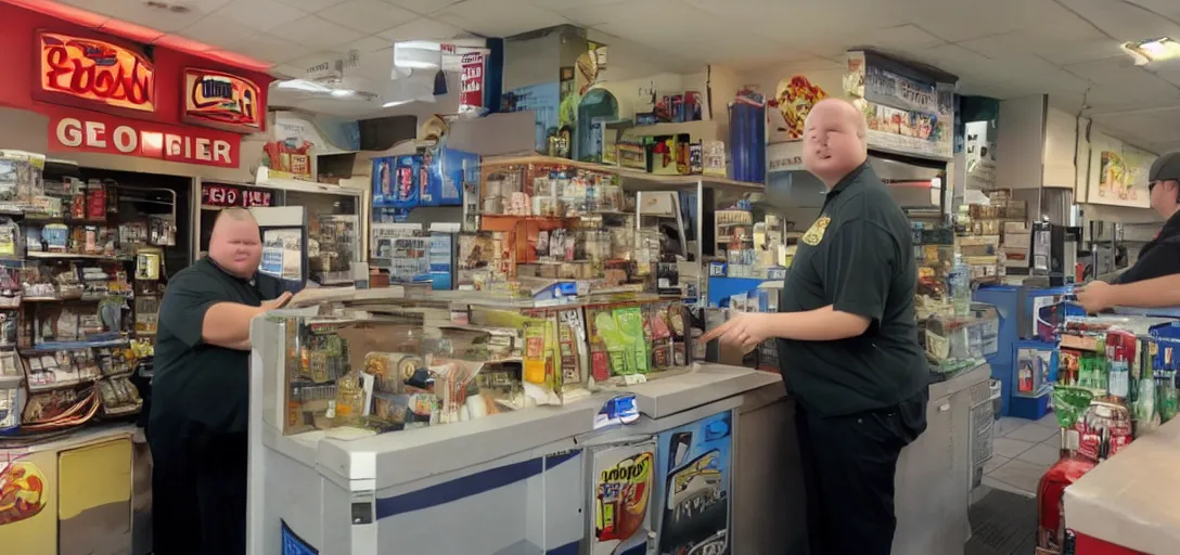 Image similar to bobby hill from king of the hill working behind the counter of a gas station, 8 k, hd, movie still