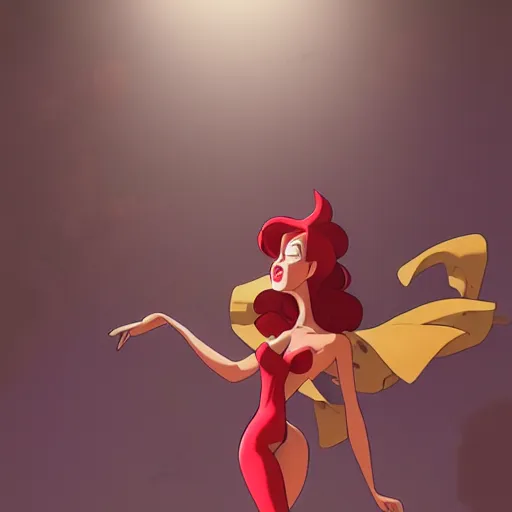 Prompt: jessica rabbit dancing in the spotlight. nime key visual of luffy studio lit directed gaze, trending on pixiv fanbox, painted by greg rutkowski makoto shinkai takashi takeuchi studio ghibli