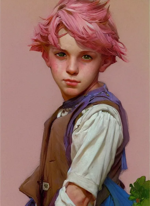 Prompt: androgynous cute pink haired teen boy wearing greek clothes, muted colors, colorful flowers, sunlight filtering through skin, j. c leyendecker, by alan lee, wlop! illustrated by starember, fantasy art by craig mullins cfg _ scale 9