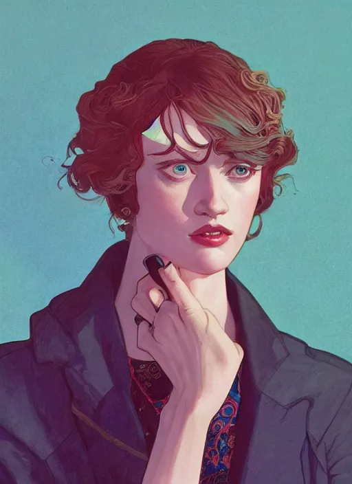 Image similar to mackenzie davis actress, mucha, hard shadows and strong rim light, art by jc leyendecker and atey ghailan and sachin teng