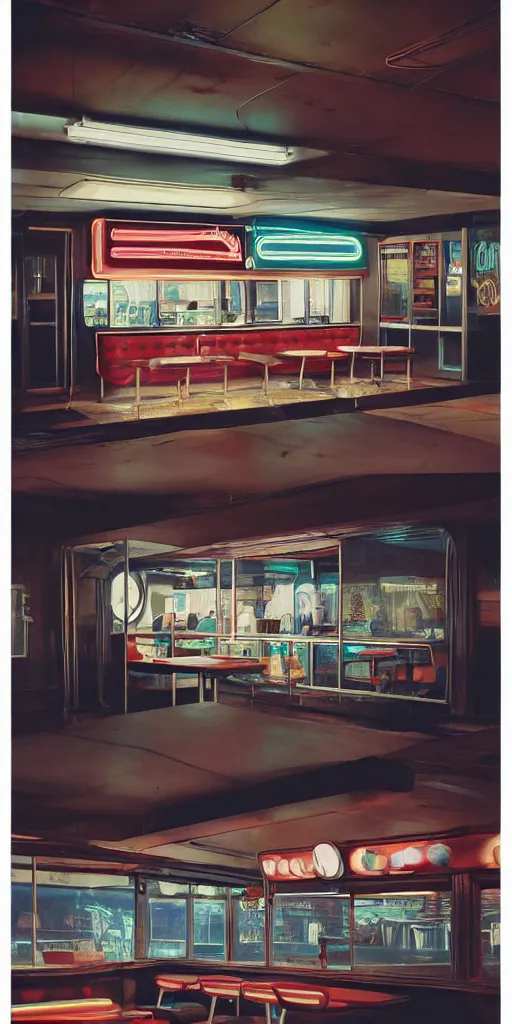 Image similar to vertical movie frame 6 0's retro diner interior, neon - decorated urban on night in the city seen through the window, modern interior design, architectural design, vintage, night blade runner, dark, postapocalyptic, clean lines, 4 k, octane, miyazaki film, lunarcore city seen at distance outside, big windows, octane, wide angle