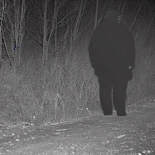 Image similar to creepy trail cam footage of an obese Donald trump hiding in the darkness