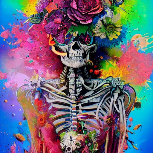 Image similar to art portrait of skeleton with colorful flowers exploding out of head,8k,by tristan eaton,Stanley Artgermm,Tom Bagshaw,Greg Rutkowski,Carne Griffiths,trending on DeviantArt,face enhance,hyper detailed,minimalist,cybernetic, android, blade runner,full of colour,