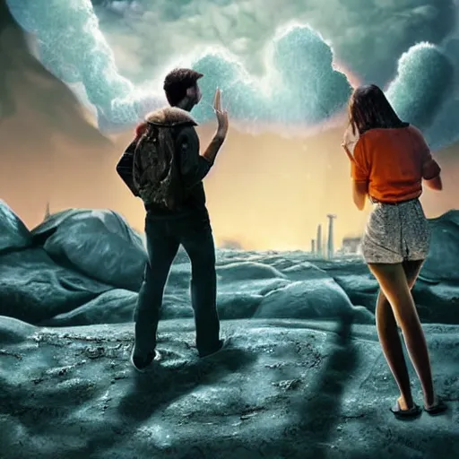 Image similar to a young couple watching a nuclear explosion, romantic, uplifting, happy, apocalytic detailed digital matte painting