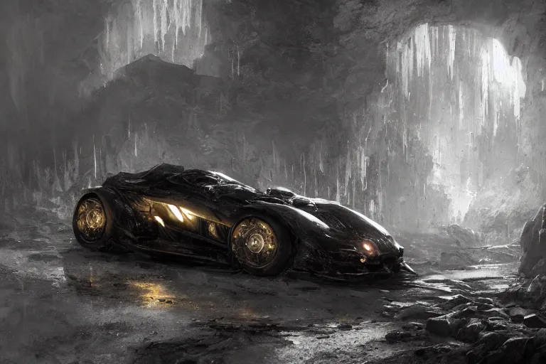 Image similar to the batmobile standing in a very dark and wet cave. highly detailed. intricate. mist. atmospheric. octane render. rim light. photoreal. 8 k. monochrome. cinematic. matte painting imagined by craig mullins and greg rutkowski. concept art, trending on artstation.