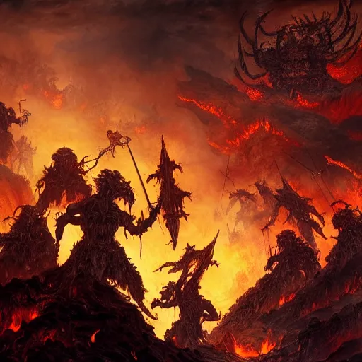 Prompt: an army of demons flying out of a volcano with flag bearers and trumpeters, intricate detail, royo, vallejo, frazetta, giger, whealan, hd, unreal engine,