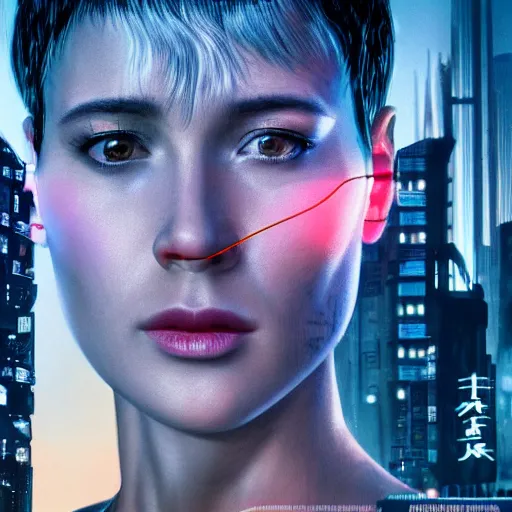 Image similar to joi from blade runner 2 0 4 9 as a giant billboard in the sky 8 k hyperdetailed photorealism hdr