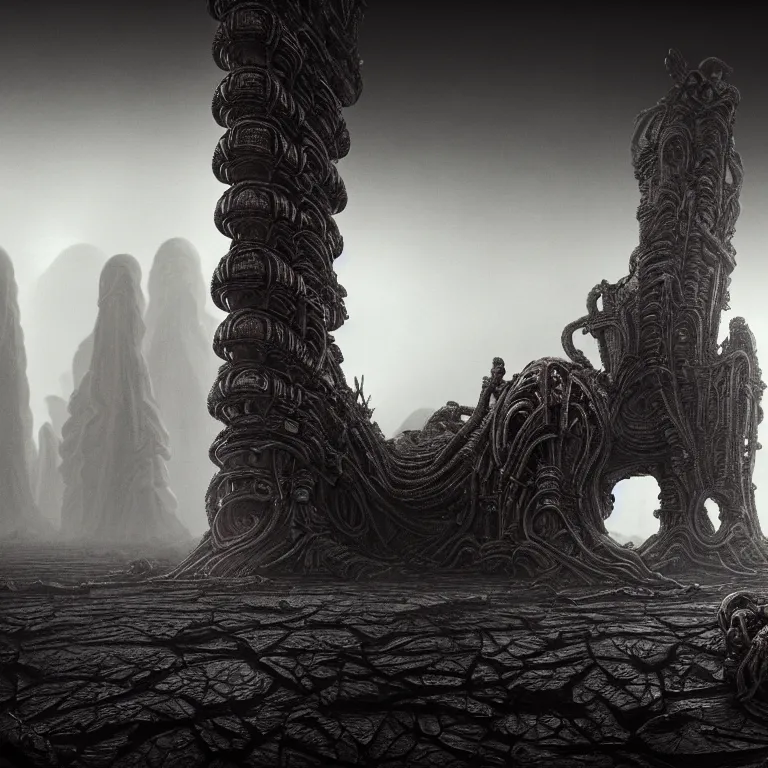 Image similar to ribbed biomechanical surreal alien temple on exoplanet, standing in a desolate empty wasteland, creepy, nightmare, dream-like heavy atmosphere, surreal abandoned buildings, beautiful detailed intricate insanely detailed octane render trending on Artstation, 8K artistic photography, photorealistic, chiaroscuro, Raphael, Caravaggio, Beksinski, Giger