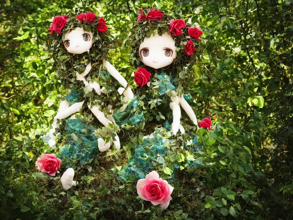 Image similar to cute fumo plush girl wrapped in vines in the middle of a lush rose garden, glowing gothic wraith plantgirl, tattered green dress, blue sky sunshine, bokeh, vray