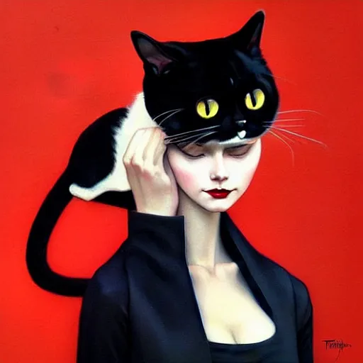 Image similar to a painting of a woman holding a cat, a photorealistic painting by tran nguyen and ilya kuvshinov, featured on deviantart, gothic art, goth, gothic, detailed painting