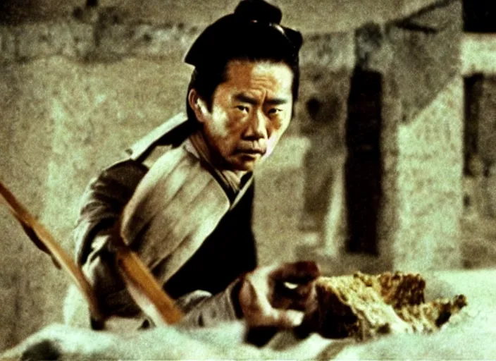 Image similar to a movie still of a samurai slicing through a loaf of bread by Akira Kurosawa