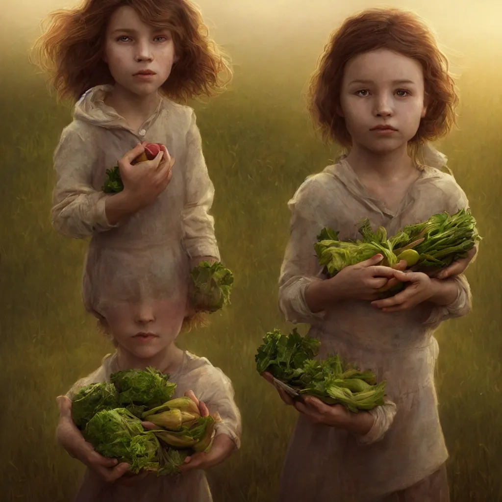 Prompt: Beautiful aesthetically pleasing single female child portrait, face centered portrait, ((only one face)) Confident holding vegetables, lush farm lands, fog, volumetric lighting beautiful, golden hour, sharp focus, ultra detailed, conceptartworld by Leesha Hannigan, Ross Tran, Thierry Doizon, Kai Carpenter, Ignacio Fernández Ríos