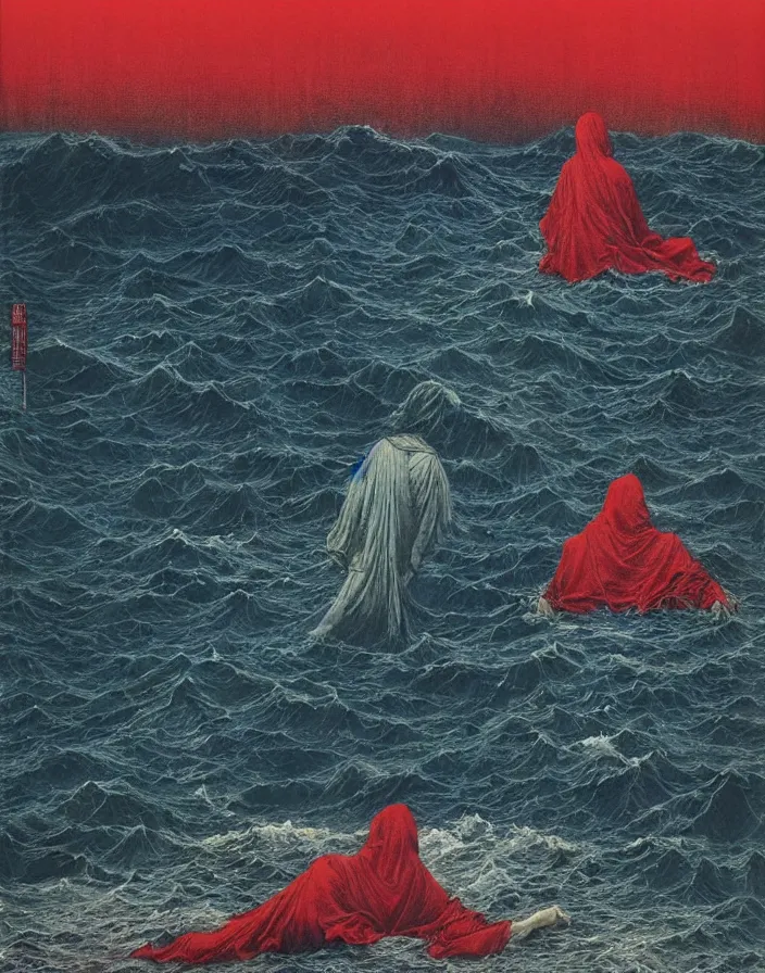 Prompt: worshippers in red robes and hoods wading through waves, high detailed beksinski painting, part by adrian ghenie and gerhard richter. art by takato yamamoto. masterpiece, deep colours, blue