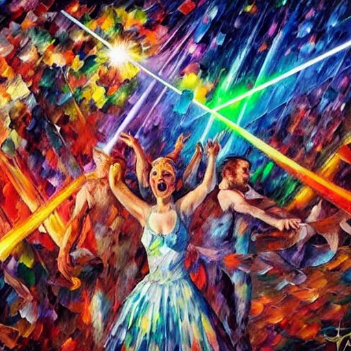 Prompt: rave dance party with lasers by arthur adams, charlie bowater, leonid afremov, chiho ashima, karol bak, david bates, tom chambers