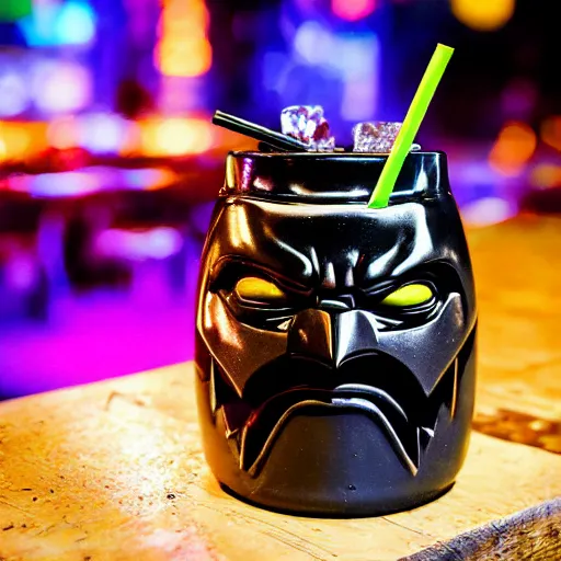 Image similar to a closeup photorealistic photograph of a glossy batman style tiki mug sitting at an outdoor trader vic's bar featuring batman face. tiki theme. icy colorful drink. bright scene. fine detail. this 4 k hd image is trending on artstation, featured on behance, well - rendered, extra crisp, features intricate detail, epic composition and the style of unreal engine.