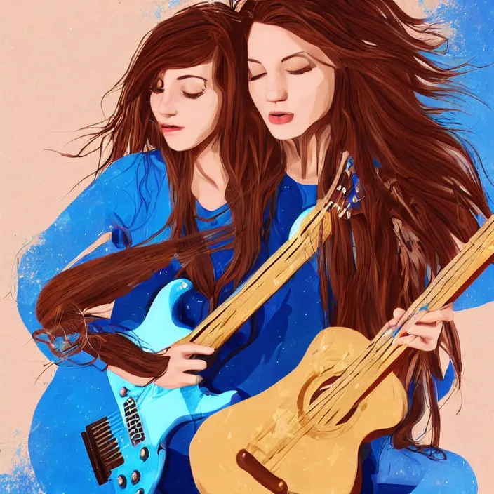 Image similar to a girl with brown and blue hair with a guitar, beautiful digital art